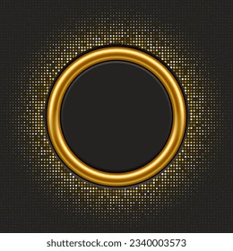 Gold ring on golden abstract glittering halftone black background vector illustration. 3D realistic glossy circle frame and luxury shiny glitter texture near border, round metal circular decor