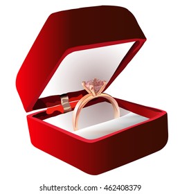 Gold ring with pink gemstone in Red Velvet Box. Vector illustration.
