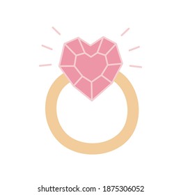 Gold ring with pink heart gemstone. Heart shaped diamond. Valentine's day vector illustration. Good for greeting cards