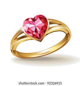 Gold ring with pink heart gemstone. Vector illustration.