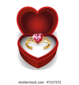 Gold ring with pink heart gemstone in Red Velvet Box (vector). jpg version also available.