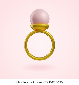 Gold ring with pink pearl 3d. Cute icon in modern style. Vector illustration for wedding design or Valentine's day