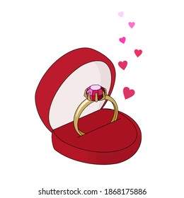 Gold ring with a precious stone in a red gift box.