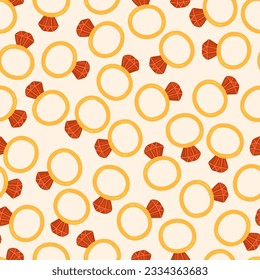 gold ring with red gemstone, diamond, ruby vector seamless pattern. Symbol of love, Valentine's day Romantic texture background