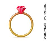 Gold ring with red gemstone. Engagement, marriage proposal, wedding, Valentines Day symbol, romantic love attribute vector illustration on white background