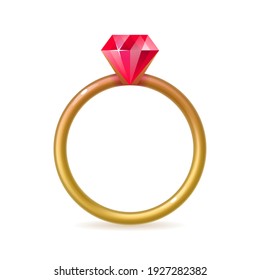 Gold ring with red gemstone. Engagement, marriage proposal, wedding, Valentines Day symbol, romantic love attribute vector illustration on white background