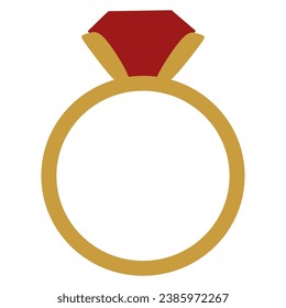 Gold ring with red gemstone. Engagement, marriage proposal, wedding, Valentines Day symbol, romantic love attribute. Vector Flat style illustration on white background for Jeweler Day Card, Poster