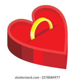 Gold ring in the red heart shape gift box. Isometric view, vector illustration.