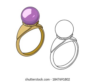 Anillo de oro con una piedra rosa redonda. Dibujo lineal sobre un fondo blanco.