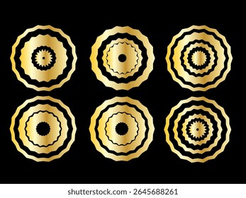 Gold Ring Round Shape Set. Vintage Golden Gradient Texture Circle Geometric Shape. Retro Style Decoration Element Contour Outline. Gold Frame Button Shape Symbol Collection