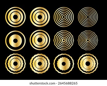 Gold Ring Round Shape Set. Vintage Golden Gradient Texture Circle Geometric Shape. Retro Style Decoration Element Contour Outline. Gold Frame Button Shape Symbol Collection