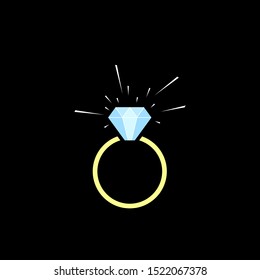 Gold ring with a shining diamond on a black background