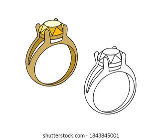 Gold ring with a yellow gemstone. Linear drawing on a white background.