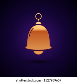 Gold Ringing bell icon isolated on dark blue background. Alarm symbol, service bell, handbell sign, notification symbol.  Vector Illustration