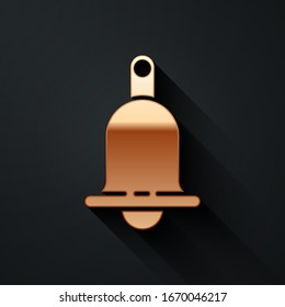 Gold Ringing bell icon isolated on black background. Alarm symbol, service bell, handbell sign, notification symbol. Long shadow style. Vector Illustration