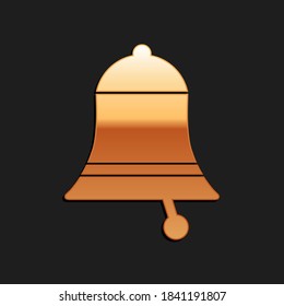 Gold Ringing bell icon isolated on black background. Alarm symbol, service bell, handbell sign, notification symbol. Long shadow style. Vector.