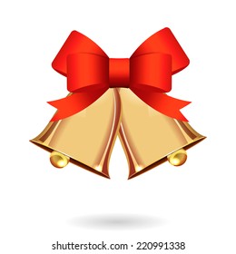 Gold ringing Christmas bells with red bow isolated on white background, vector illustration