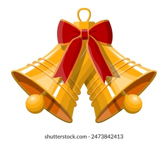 Gold ringing christmas bells with red bow. Happy new year decoration. Merry christmas holiday. New year and xmas celebration. Vector illustration in flat style