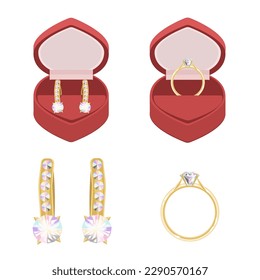 Gold rings and diamond earrings in a velvet box, isolated on a white background.Vector jewelry set for wedding designs,jewelry stores.