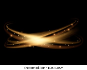 Gold rings with glitter on transparent background. Rotating golden light effect. Abstract lines movement