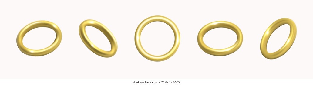 Gold rings, realistic golden torus set, vector premium quality illustration. The rings are all different sizes and shapes