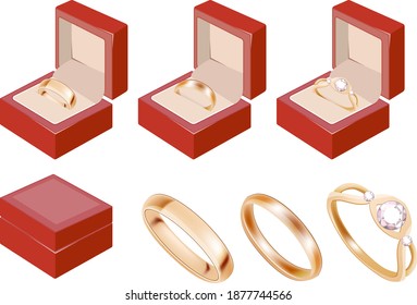 Gold rings and red boxes isolated on white background