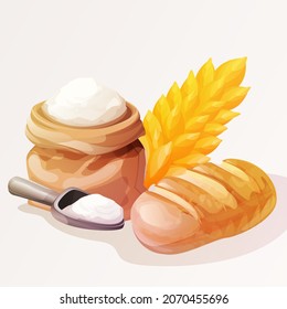 Gold ripe wheat, Cloth sack of flour and scooper, Freshly baked bread. Composition of natural farming food elements in vector