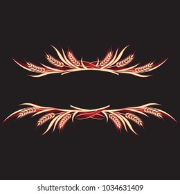 Gold ripe wheat ears on black background as frame design element or logo template. 
