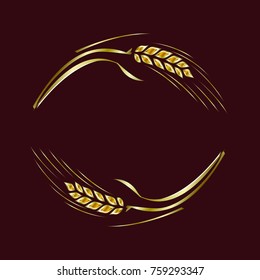 Gold ripe wheat rye ears on brown background as frame design element. 
