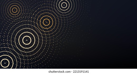 Gold ripples affect abstract concept banner on black background. Golden circles, water rings with copy space digital web banner. Fashion, luxury. Modern design vector illustration. 