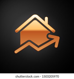 Gold Rising cost of housing icon isolated on black background. Rising price of real estate. Residential graph increases.  Vector Illustration