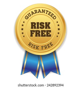 Gold Risk Free Badge With Blue Ribbon On White Background