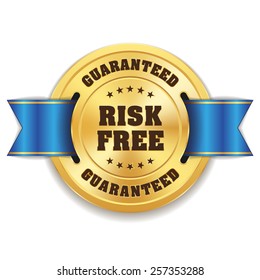 Gold Risk Free Badge With Blue Ribbon On White Background