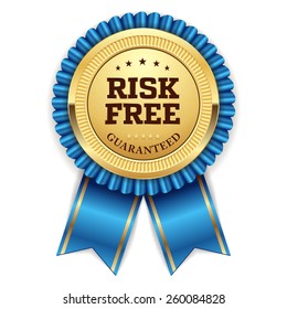 Gold Risk Free Badge With Blue Ribbon On White Background