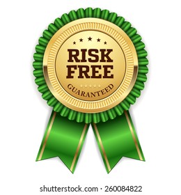 Gold Risk Free Badge With Green Ribbon On White Background