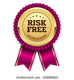 Gold risk free badge with purple ribbon on white background