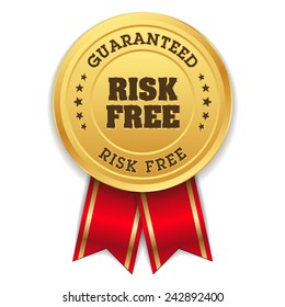 Gold Risk Free Badge With Red Ribbon On White Background