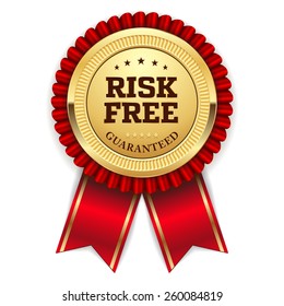 Gold Risk Free Badge With Red Ribbon On White Background