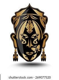 Gold ritual woman face mask, avatar with headband and earrings. Mysterious iconic mask with motif of black female face with golden ornamental drawing. Unique isolated object in oriental design.