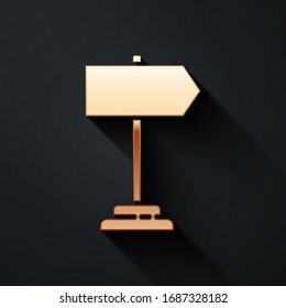 Gold Road traffic sign. Signpost icon isolated on black background. Pointer symbol. Isolated street information sign. Direction sign. Long shadow style. Vector Illustration