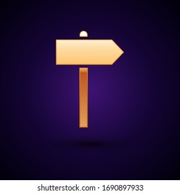 Gold Road traffic sign. Signpost icon isolated on black background. Pointer symbol. Street information sign. Direction sign.  Vector Illustration