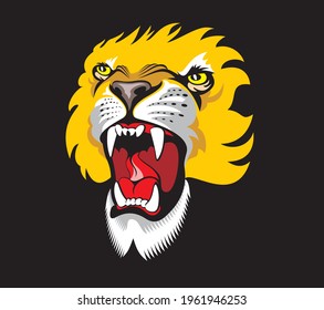 Gold roaring lion. Angry animal grinning face. Print on dark background. 