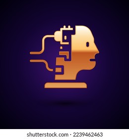 Gold Robot connected for maintenance icon isolated on black background. Artificial intelligence, machine learning, cloud computing.  Vector