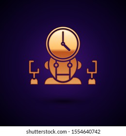Gold Robot and digital time manager icon isolated on dark blue background. Time management assistance, workflow optimization help.  Vector Illustration