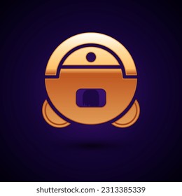 Gold Robot vacuum cleaner icon isolated on black background. Home smart appliance for automatic vacuuming, digital device for house cleaning.  Vector