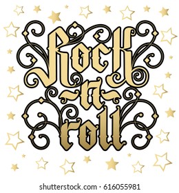 Gold Rock music print, hipster vintage label, graphic design with grunge effect, rock-music tee print stamp design. t-shirt print lettering artwork, vector. Gothic calligraphy, lettering. 