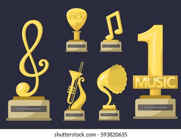 Gold rock star trophy music notes best entertainment win achievement clef and sound shiny golden yellow melody success prize pedestal victory vector illustration.