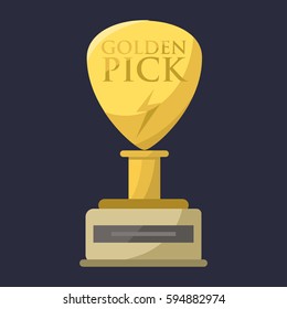 Gold rock star trophy music best entertainment win achievement clef and sound shiny golden melody success prize pedestal victory vector illustration.