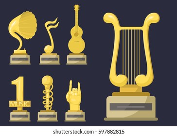 Gold rock star trophy music notes best entertainment win achievement clef and sound shiny golden yellow melody success prize pedestal victory vector illustration.