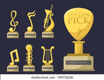Gold rock star trophy music notes best entertainment win achievement clef and sound shiny golden melody success prize pedestal victory vector illustration.